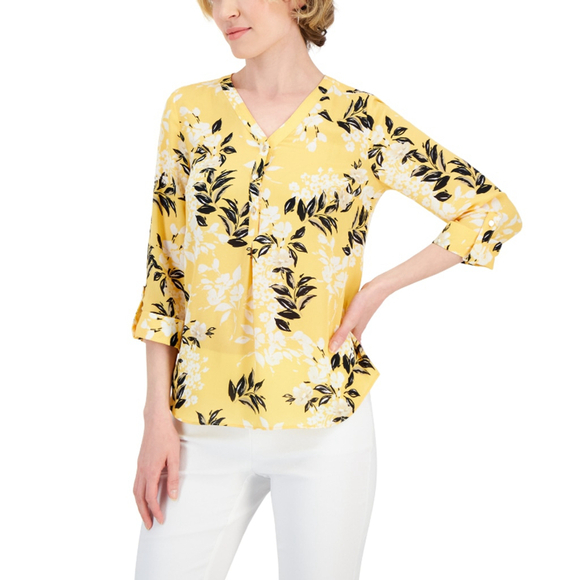 JM Collection Women's Large Petite White Floral Printed Yellow Utility Top NWT - Picture 1 of 5